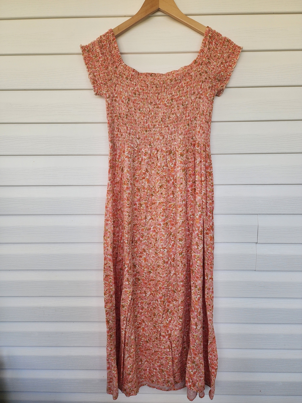 Smocked Floral Maxi Dress in Peach Pink
